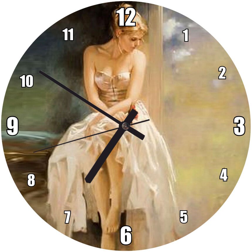 Ressam Daniel Gerhartz Beyaz Elbiseli Kadın Yağlı Boya Çalışması Mdf Ahşap Duvar Saati 30 cm Çap