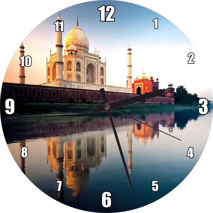 Tac Mahal ve Durgun Sudaki Aksi Görseli Mdf Ahşap Duvar Saati