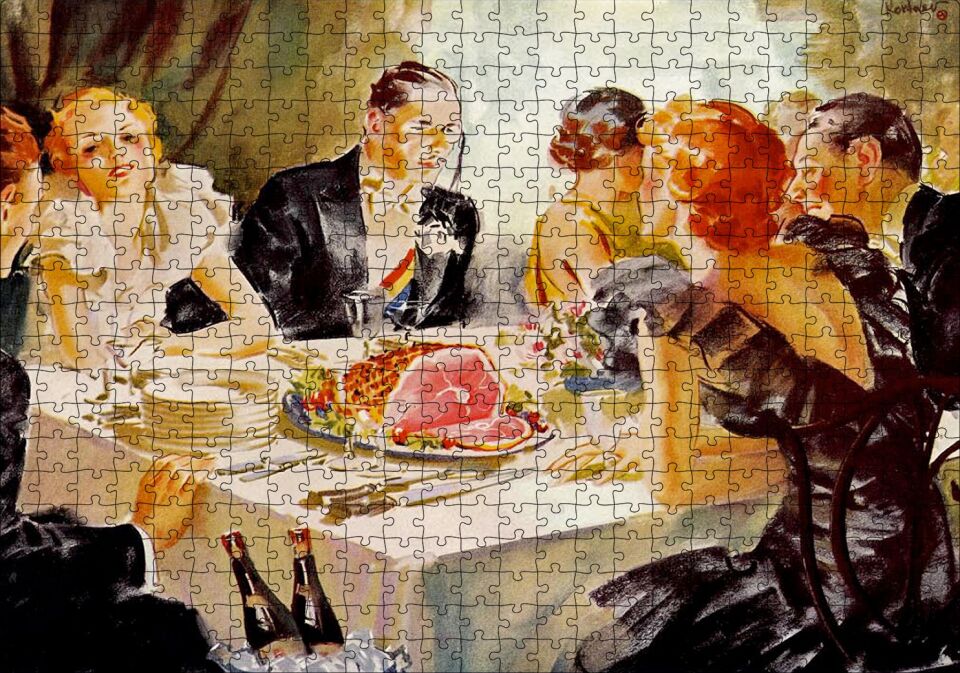 Yağlıboya Görünümlü Yemek Masası ve Konuklar Puzzle Yapboz MDF Ahşap 500 Parça 49 cm X 68 cm