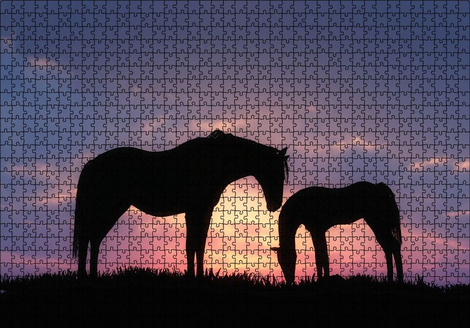 Günbatımı İki At Silüeti Puzzle Yapboz MDF Ahşap 1000 Parça 49 cm X 68 cm