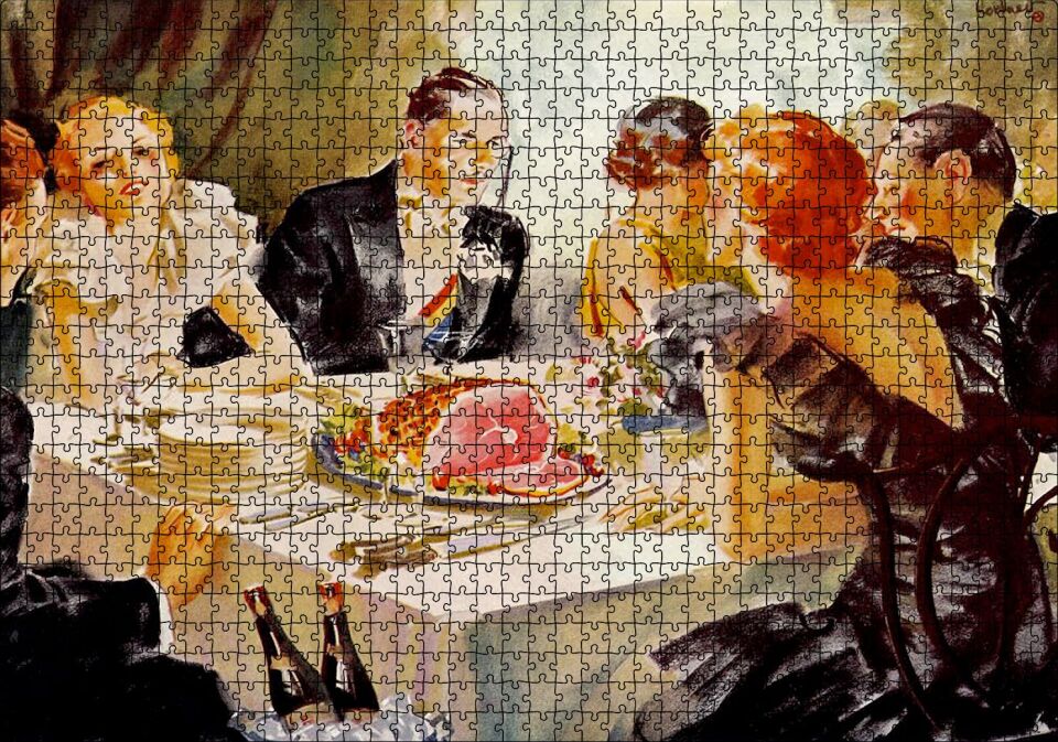 Yağlıboya Görünümlü Yemek Masası ve Konuklar Puzzle Yapboz MDF Ahşap 1000 Parça 49 cm X 68 cm