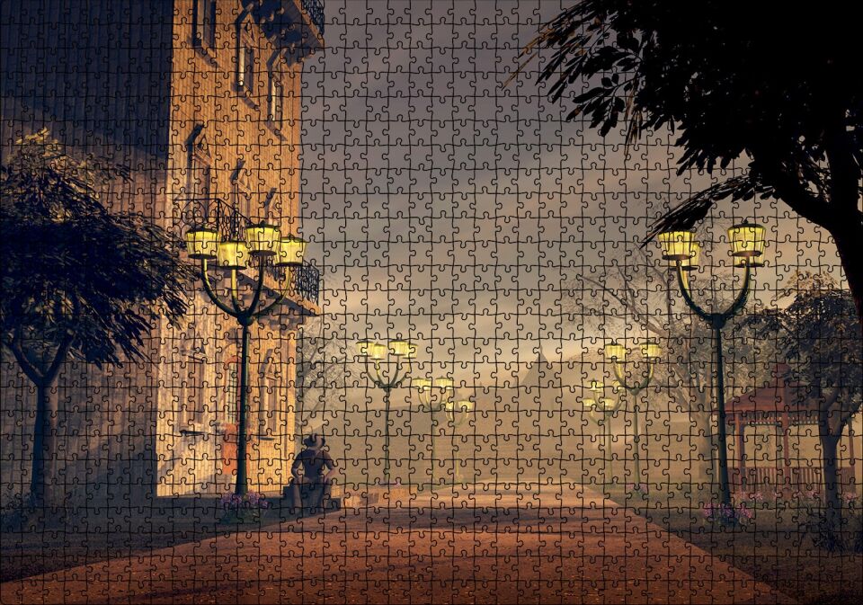 Sokak Lambaları Bulutlar ve Şapkalı Adam Puzzle Yapboz MDF Ahşap 1000 Parça 49 cm X 68 cm