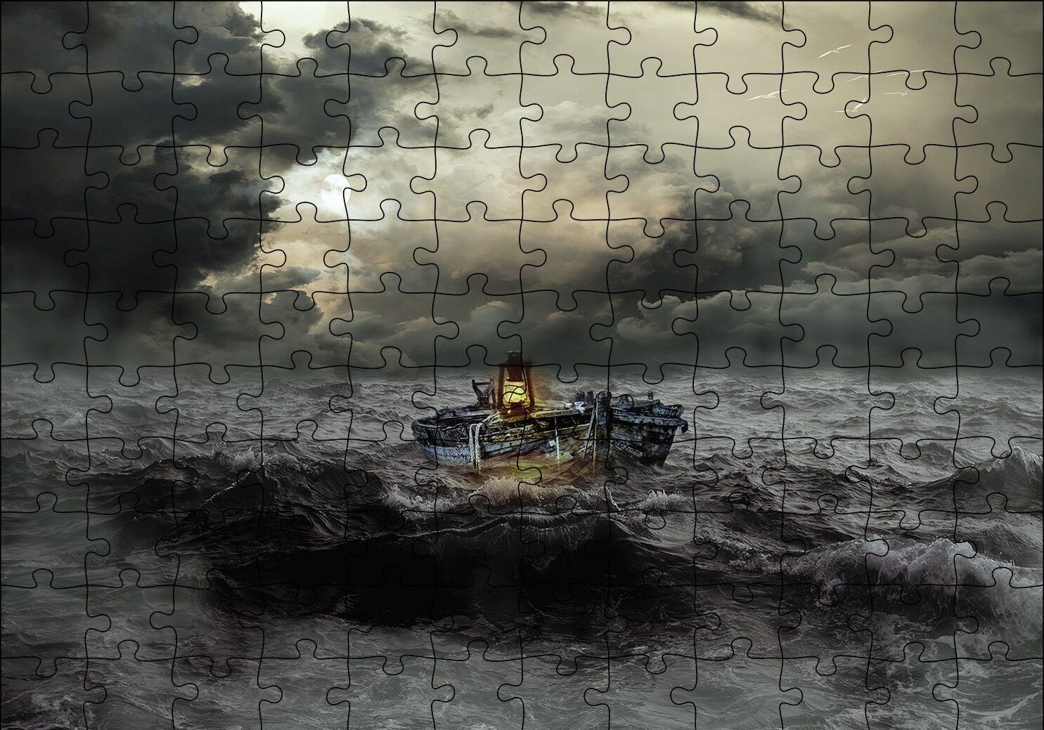 Hırçin Deniz Tekne Karanlık Bulutlar Puzzle Yapboz MDF Ahşap