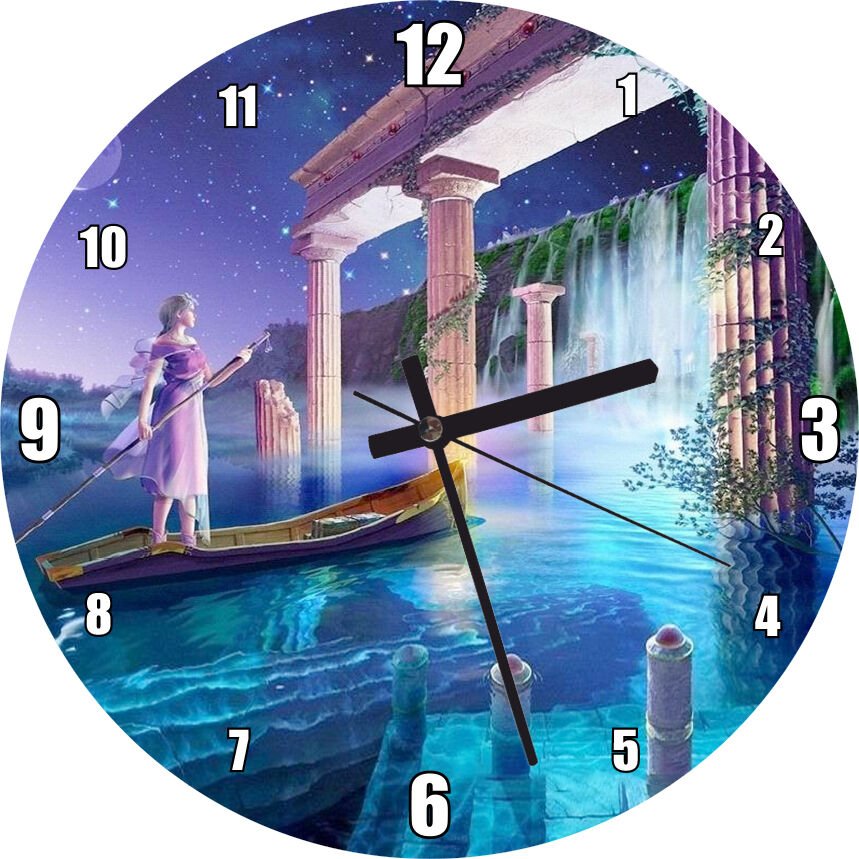 Sularla Kaplı Antik Sütunlar Sandal ve Kız Görseli Mdf Ahşap Duvar Saati