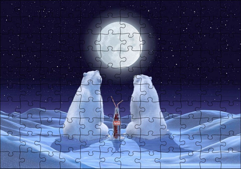 Dolunaya Karşı Kola İçen Kutup Ayıları Puzzle Yapboz MDF Ahşap 120 Parça 24 cm X 34 cm