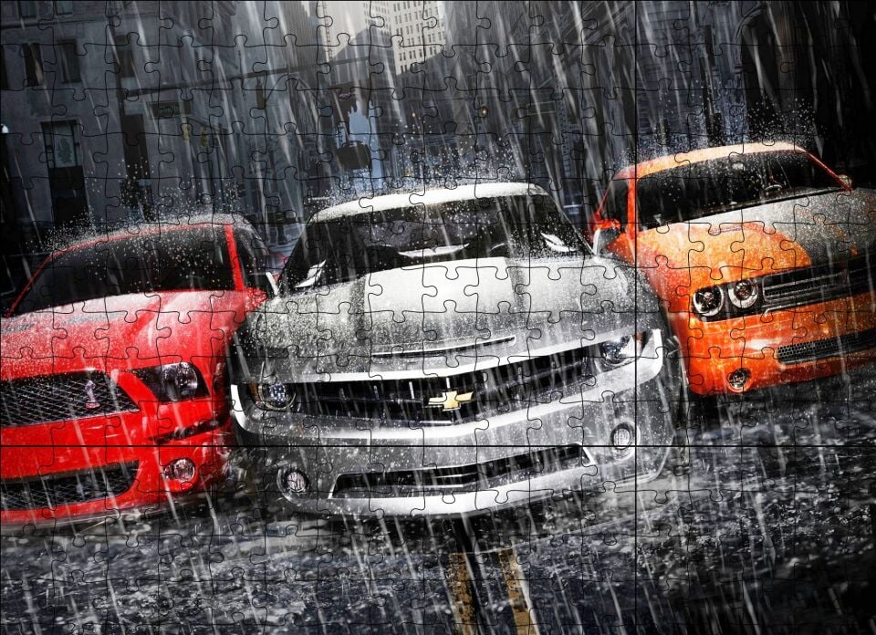 Mustang Camaro ve Dodge Araçlar Yağmur Altında Puzzle Yapboz MDF Ahşap