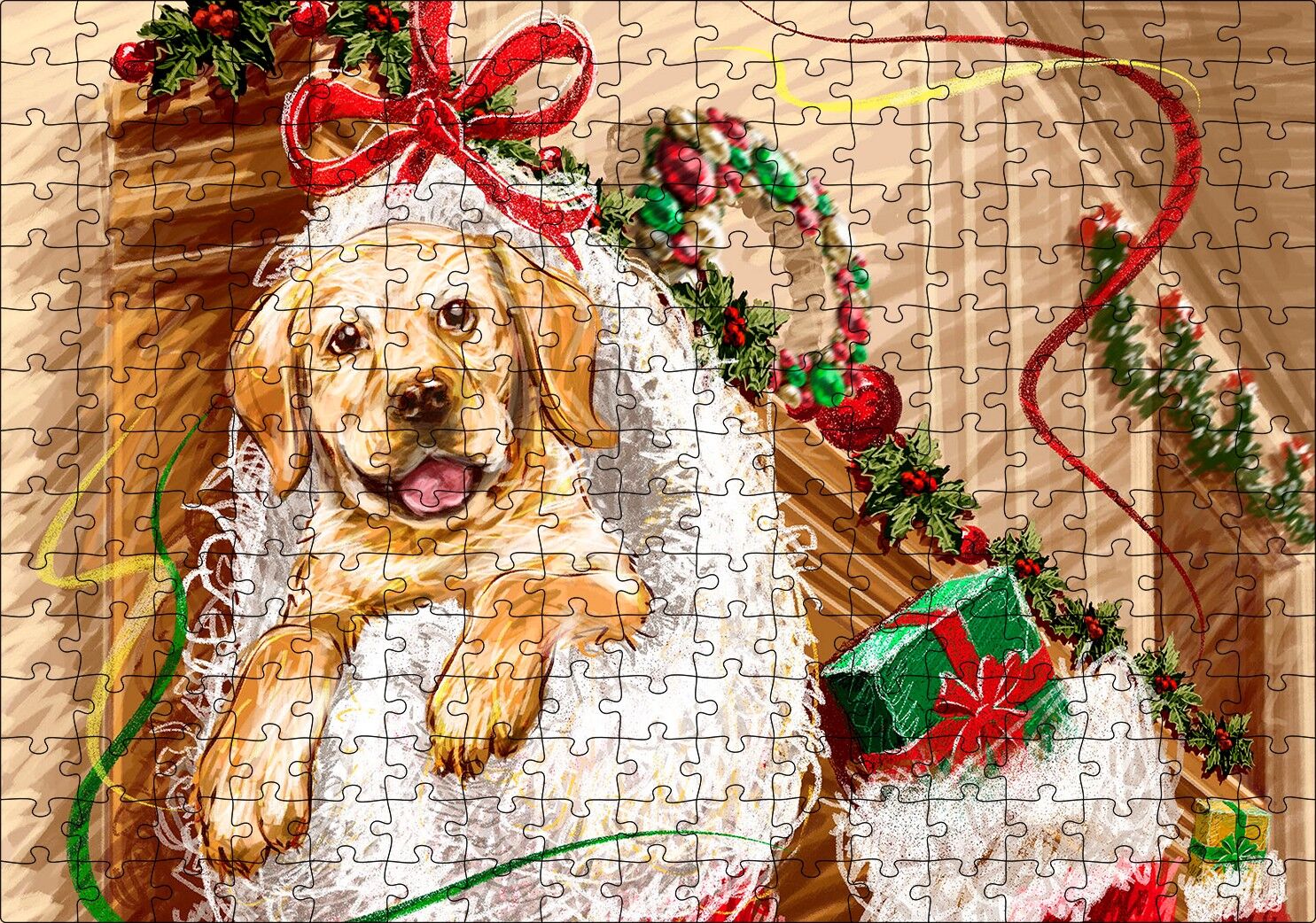 Şömineye Asılı Yılbaşı Hediyeleri ve Yavru Köpek Puzzle Yapboz MDF Ahşap 255 Parça 34 cm X 49 cm