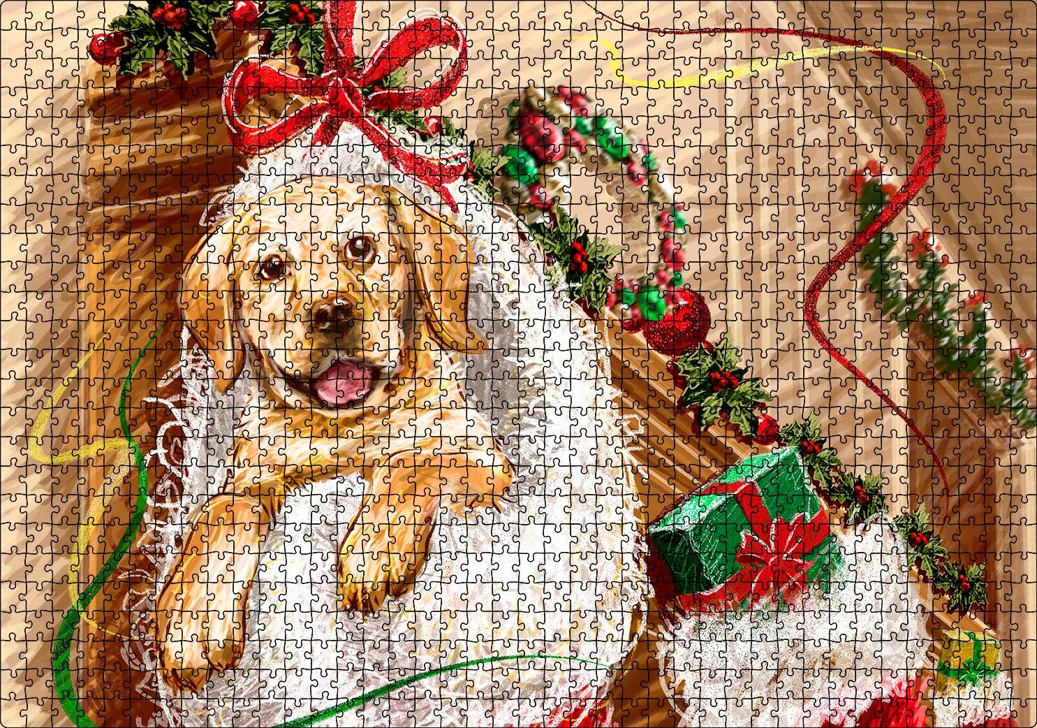 Şömineye Asılı Yılbaşı Hediyeleri ve Yavru Köpek Puzzle Yapboz MDF Ahşap 1000 Parça 49 cm X 68 cm