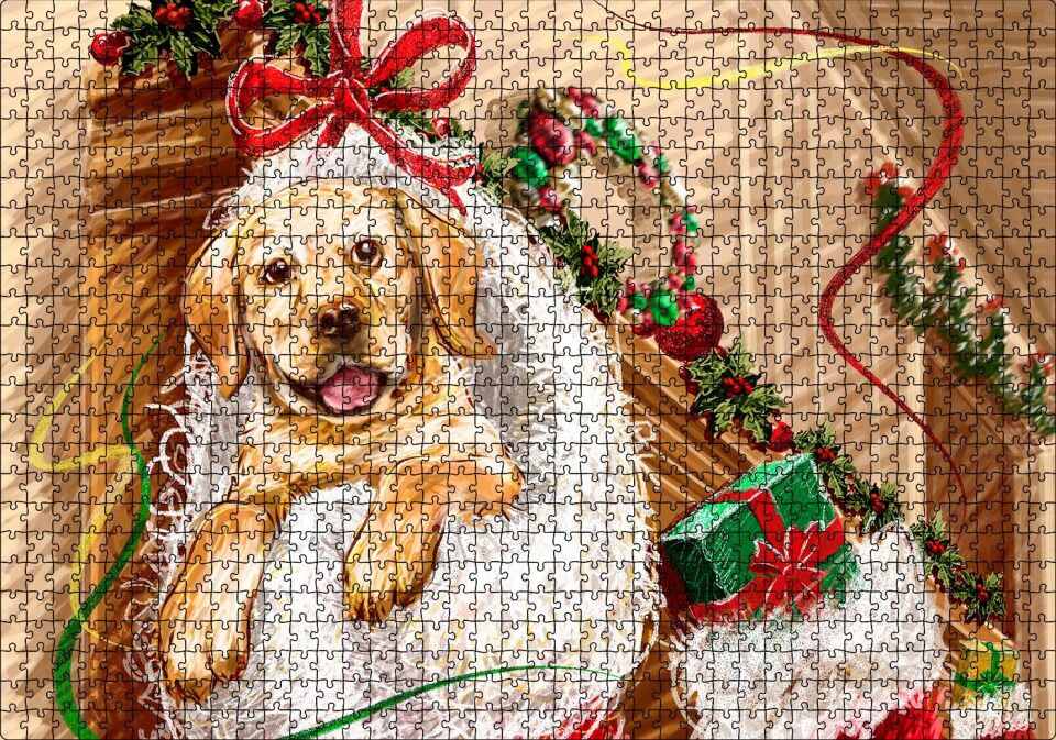 Şömineye Asılı Yılbaşı Hediyeleri ve Yavru Köpek Puzzle Yapboz MDF Ahşap 1000 Parça 49 cm X 68 cm