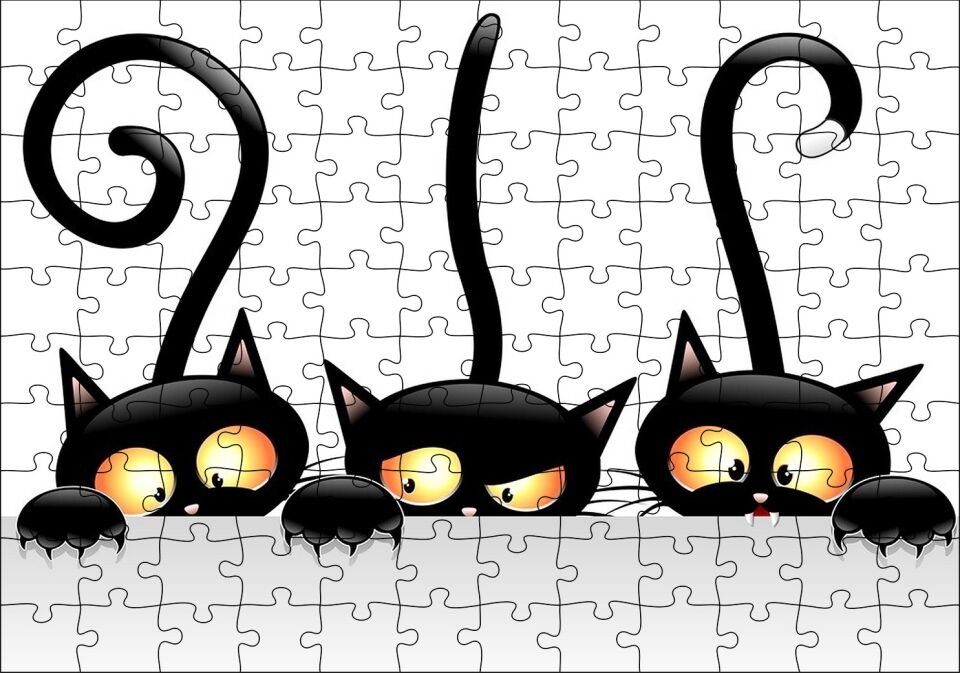 Komik Üç Kedi Görseli Puzzle Yapboz MDF Ahşap