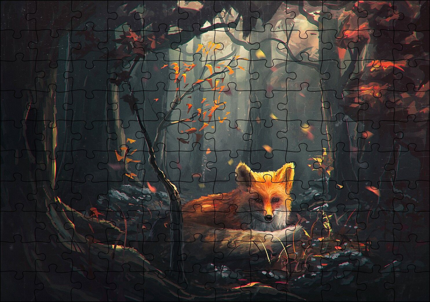 Sonbahar Renklerinde Orman ve Tilki Çizim Puzzle Yapboz MDF Ahşap 120 Parça 24 cm X 34 cm