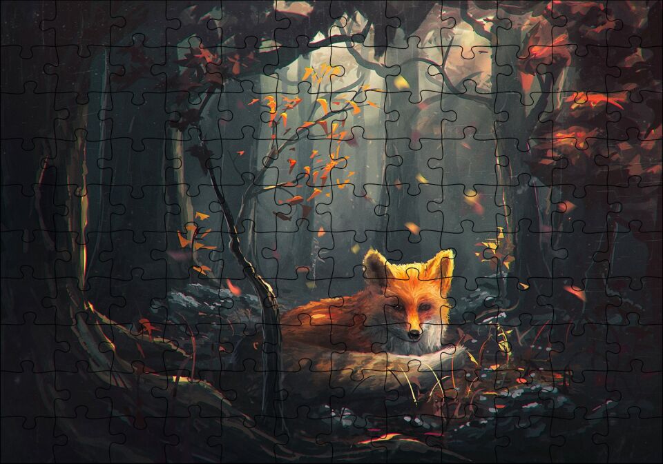 Sonbahar Renklerinde Orman ve Tilki Çizim Puzzle Yapboz MDF Ahşap 120 Parça 24 cm X 34 cm