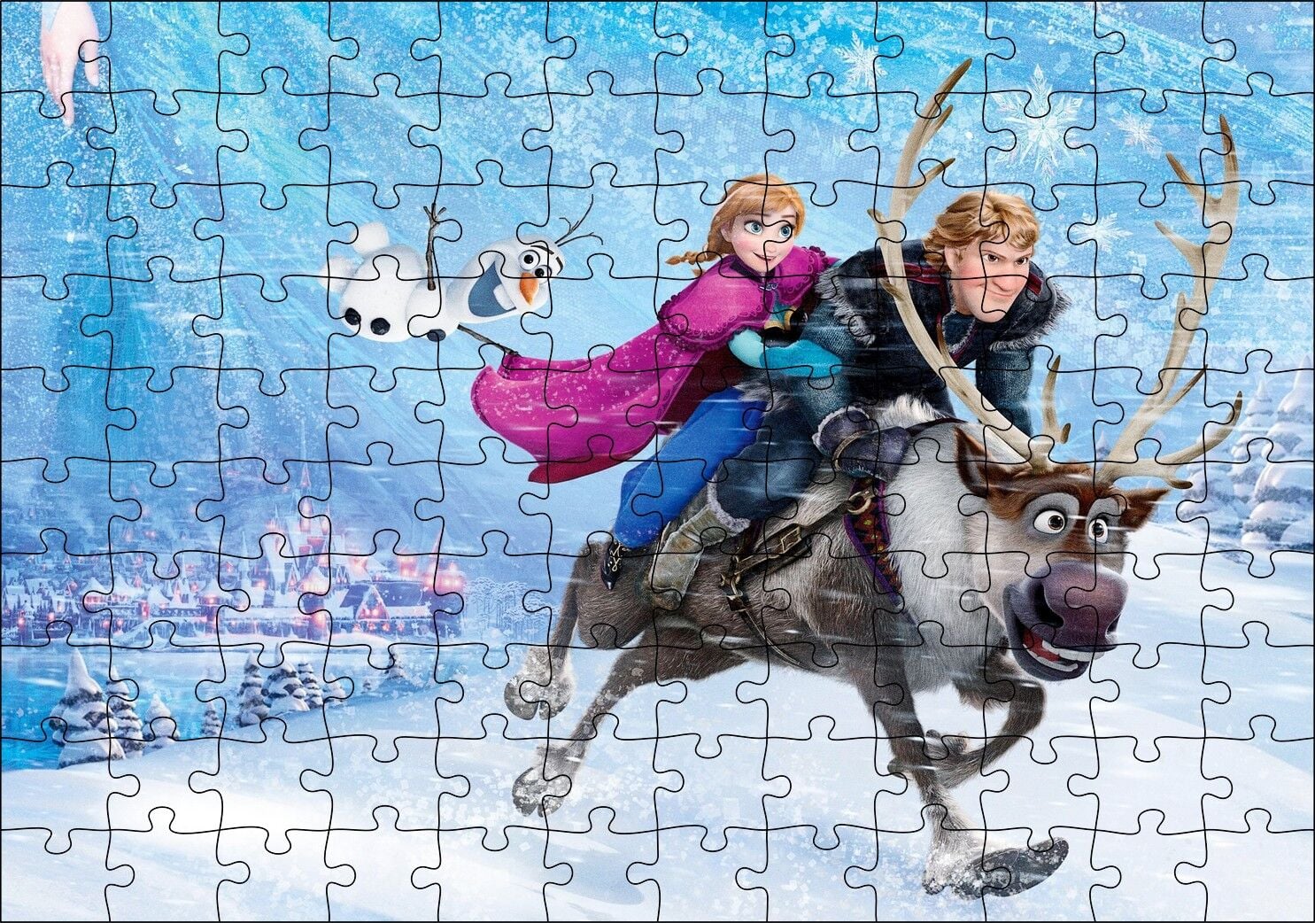 Frozen Kar Taneleri Şehir Buz Geyik Kardan Adam Puzzle Yapboz MDF Ahşap 120 Parça 24 cm X 34 cm