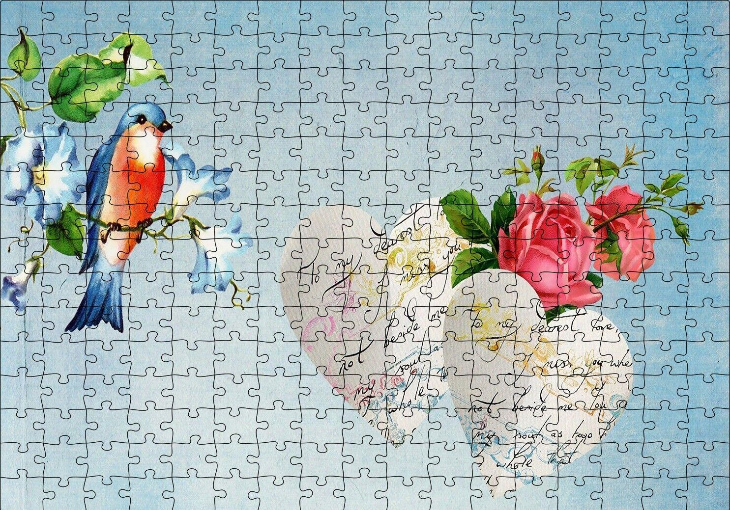 Kırmızı Güller Kuş ve Kalpli Mektuplar Puzzle Yapboz MDF Ahşap 255 Parça 34 cm X 49 cm