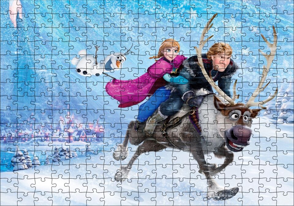 Frozen Kar Taneleri Şehir Buz Geyik Kardan Adam Puzzle Yapboz MDF Ahşap 255 Parça 34 cm X 49 cm
