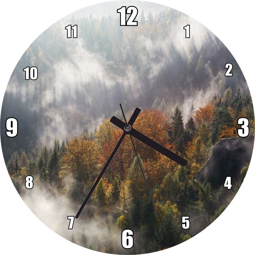 Sonbahar Renklerinde Orman ve Sisler Görseli Mdf Ahşap Duvar Saati