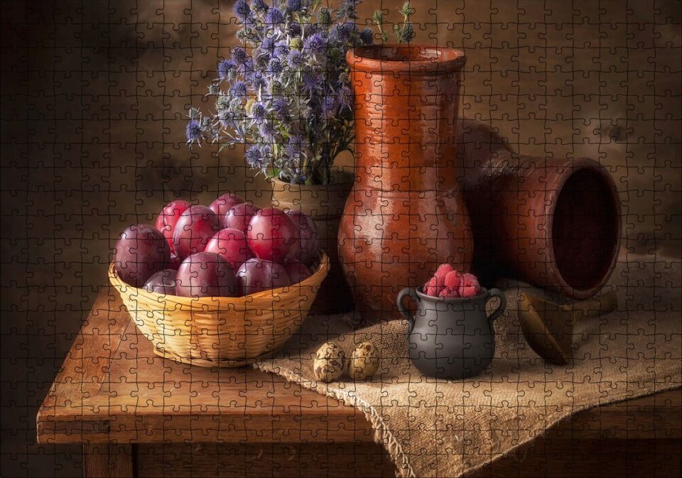Kırmızı Erik Sepet Kavsnoz Mavi Çiçek Demeti Konsepti Görsel Puzzle Yapboz MDF Ahşap 500 Parça 49 cm X 68 cm
