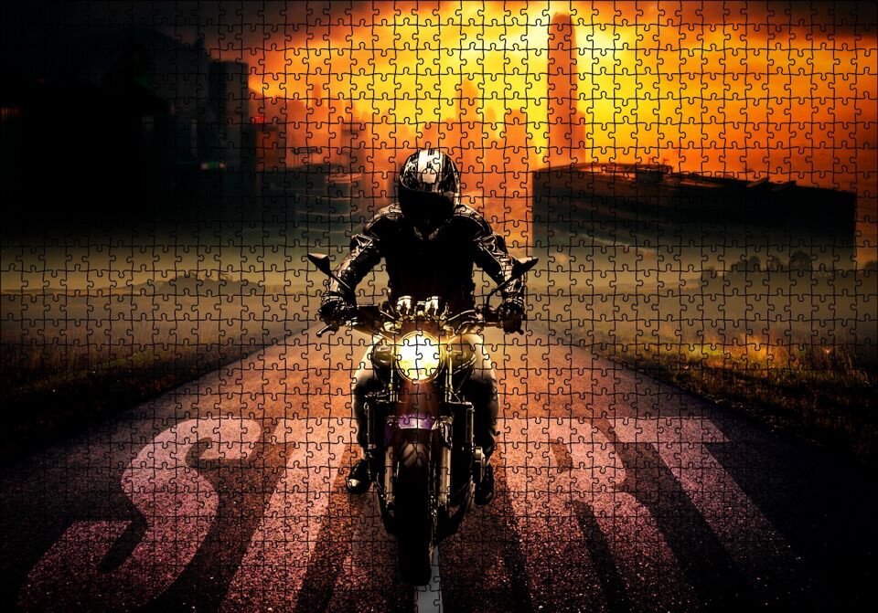 Günbatımı Motorsiklet Gökdelenler Start Puzzle Yapboz MDF Ahşap 1000 Parça 49 cm X 68 cm