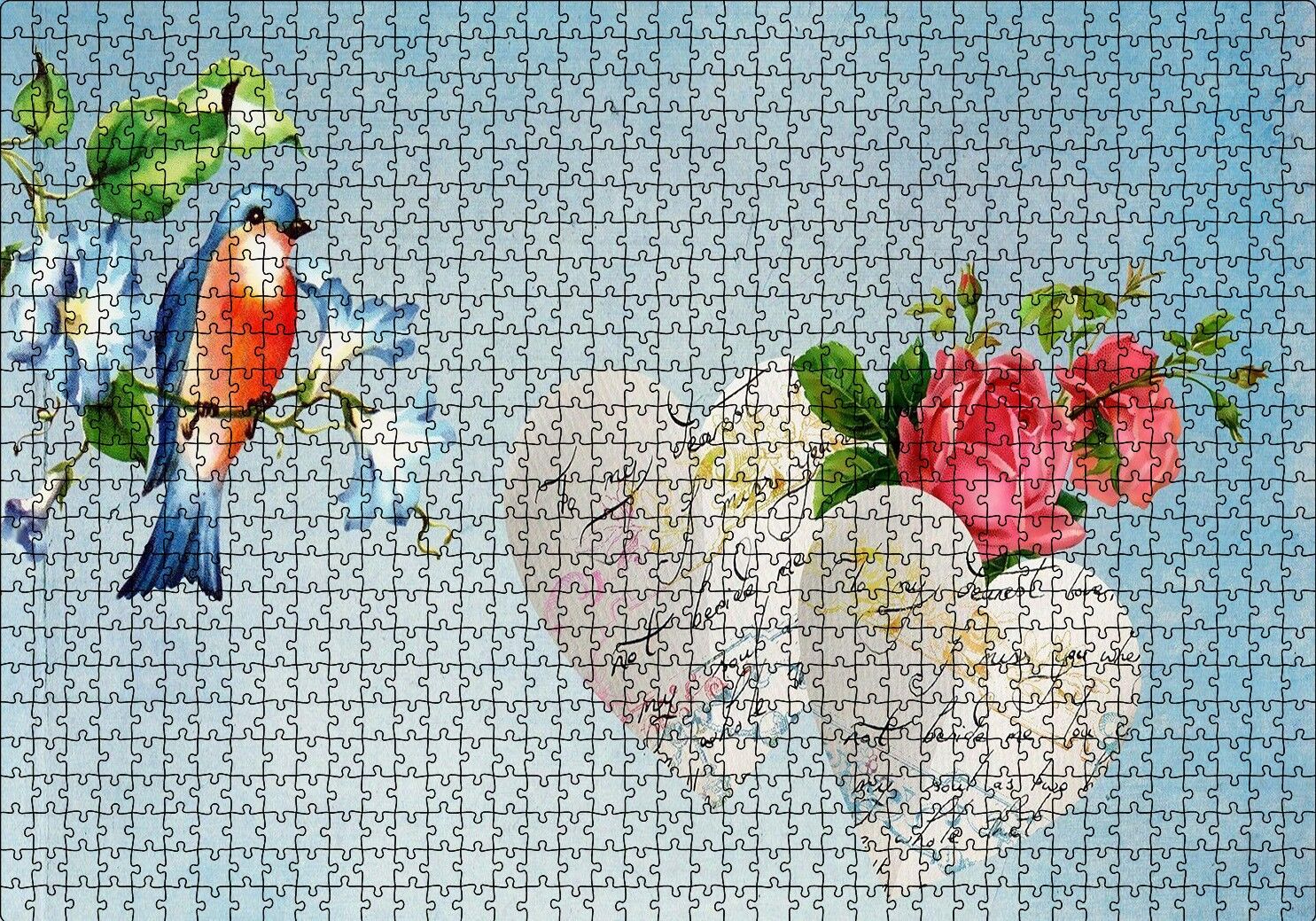 Kırmızı Güller Kuş ve Kalpli Mektuplar Puzzle Yapboz MDF Ahşap 1000 Parça 49 cm X 68 cm