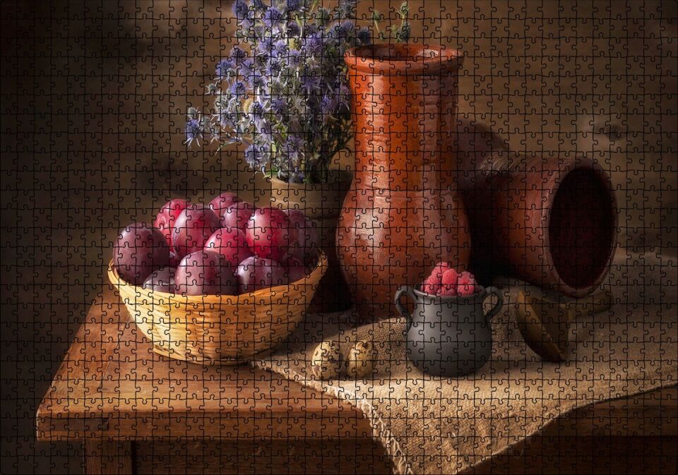 Kırmızı Erik Sepet Kavsnoz Mavi Çiçek Demeti Konsepti Görsel Puzzle Yapboz MDF Ahşap 1000 Parça 49 cm X 68 cm