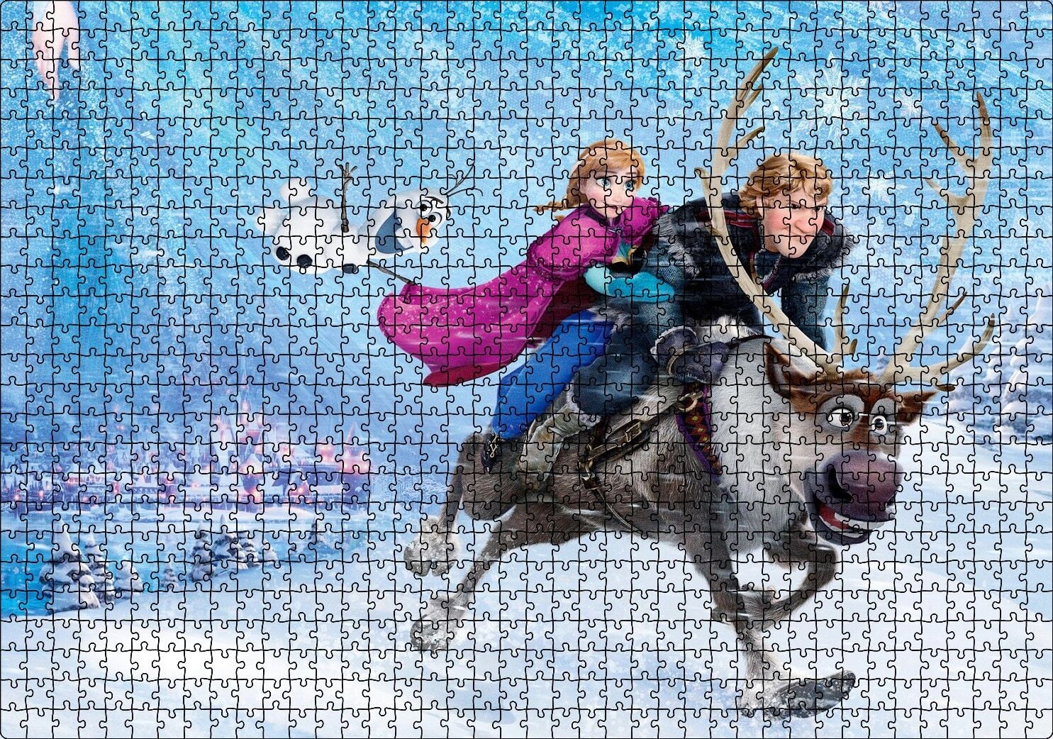 Frozen Kar Taneleri Şehir Buz Geyik Kardan Adam Puzzle Yapboz MDF Ahşap 1000 Parça 49 cm X 68 cm