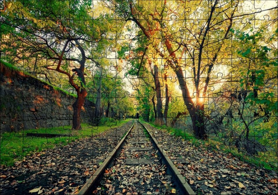 Ormanın İçinden Geçen Trenyolu ve Güneş Işıkları Puzzle Yapboz MDF Ahşap