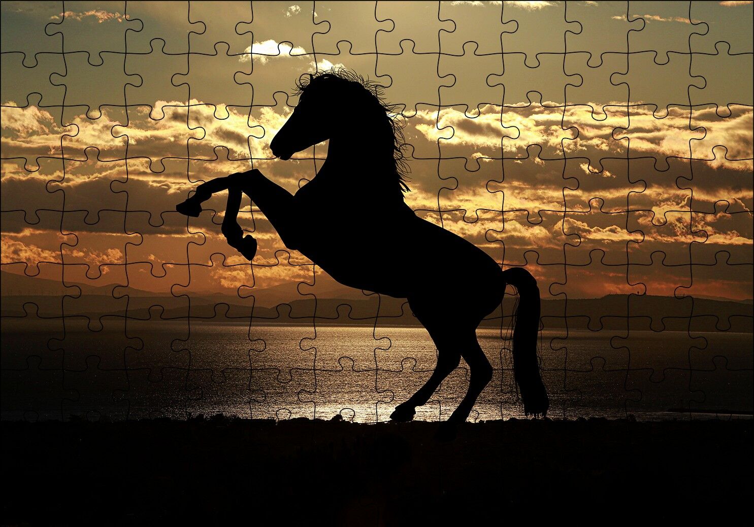 Günbatımı Şahlanmış At Silüeti Puzzle Yapboz MDF Ahşap 120 Parça 24 cm X 34 cm