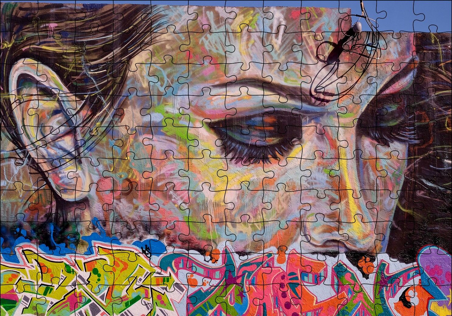 Graffiti ve Duvar Boyama Gözleri Kapalı Kadın Puzzle Yapboz MDF Ahşap 120 Parça 24 cm X 34 cm