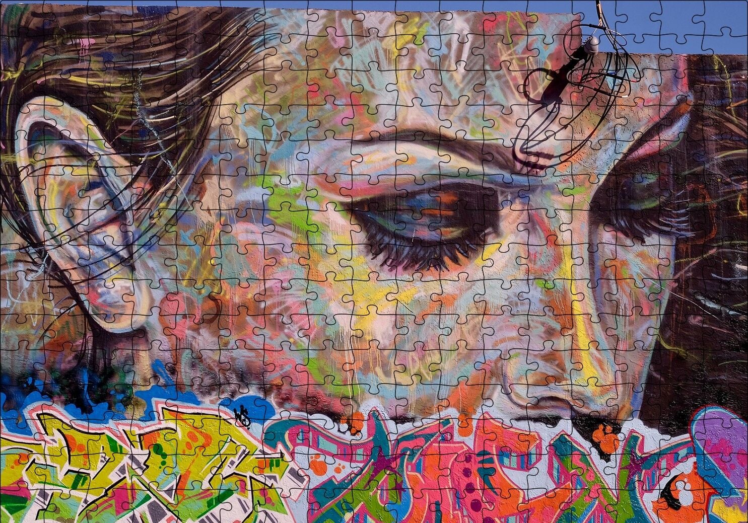 Graffiti ve Duvar Boyama Gözleri Kapalı Kadın Puzzle Yapboz MDF Ahşap 255 Parça 34 cm X 49 cm