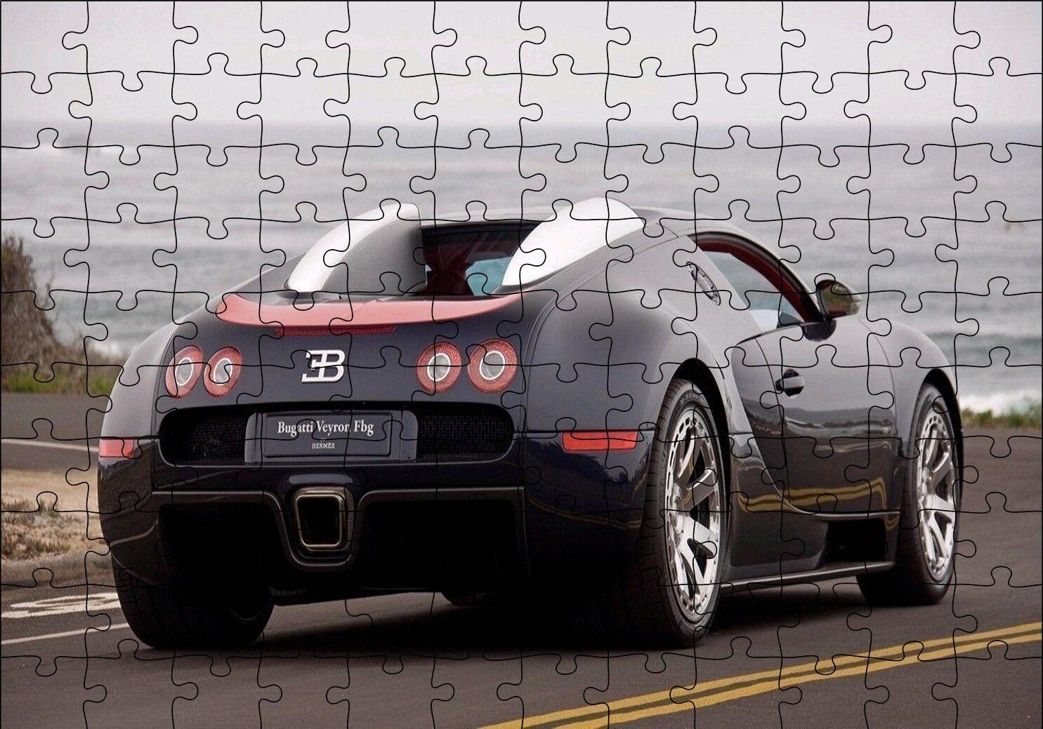Siyah Bugatti Veyron ve Deniz Puzzle Yapboz MDF Ahşap