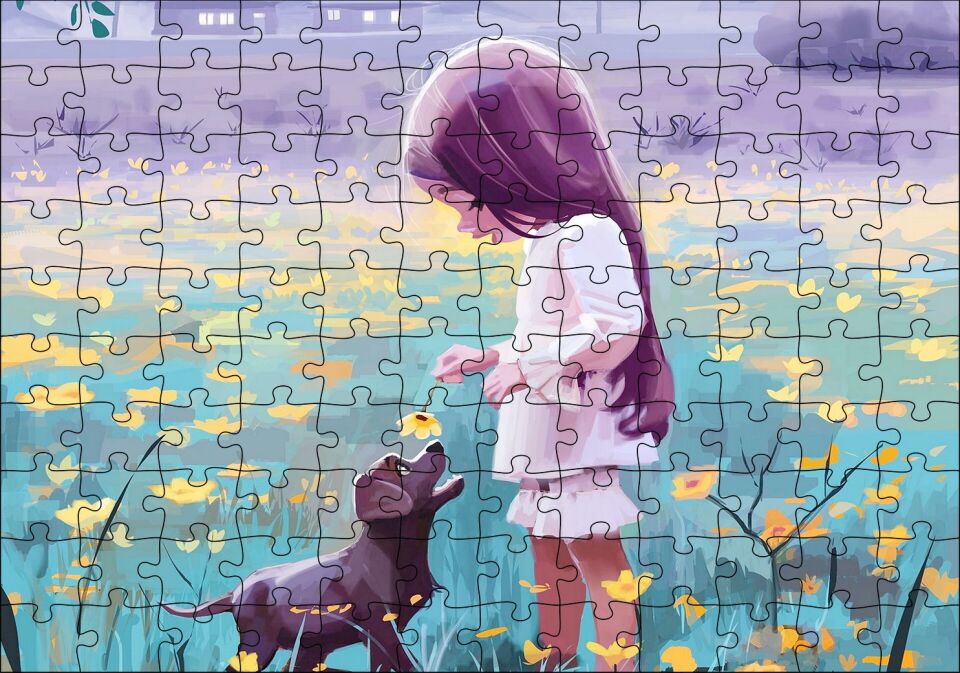 Küçük Kız Sarı Çiçekler ve Yavru Köpek Puzzle Yapboz MDF Ahşap