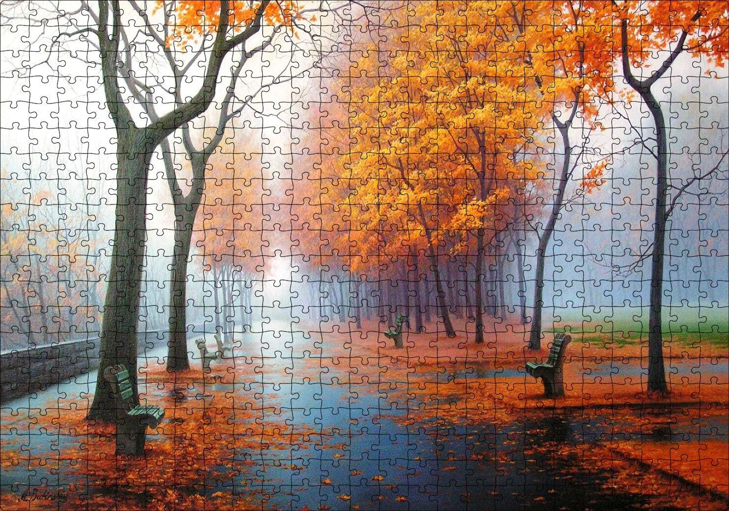 Sonbahar Rengi Ağaçlar Sis ve Boş Banklar Puzzle Yapboz MDF Ahşap 500 Parça 49 cm X 68 cm
