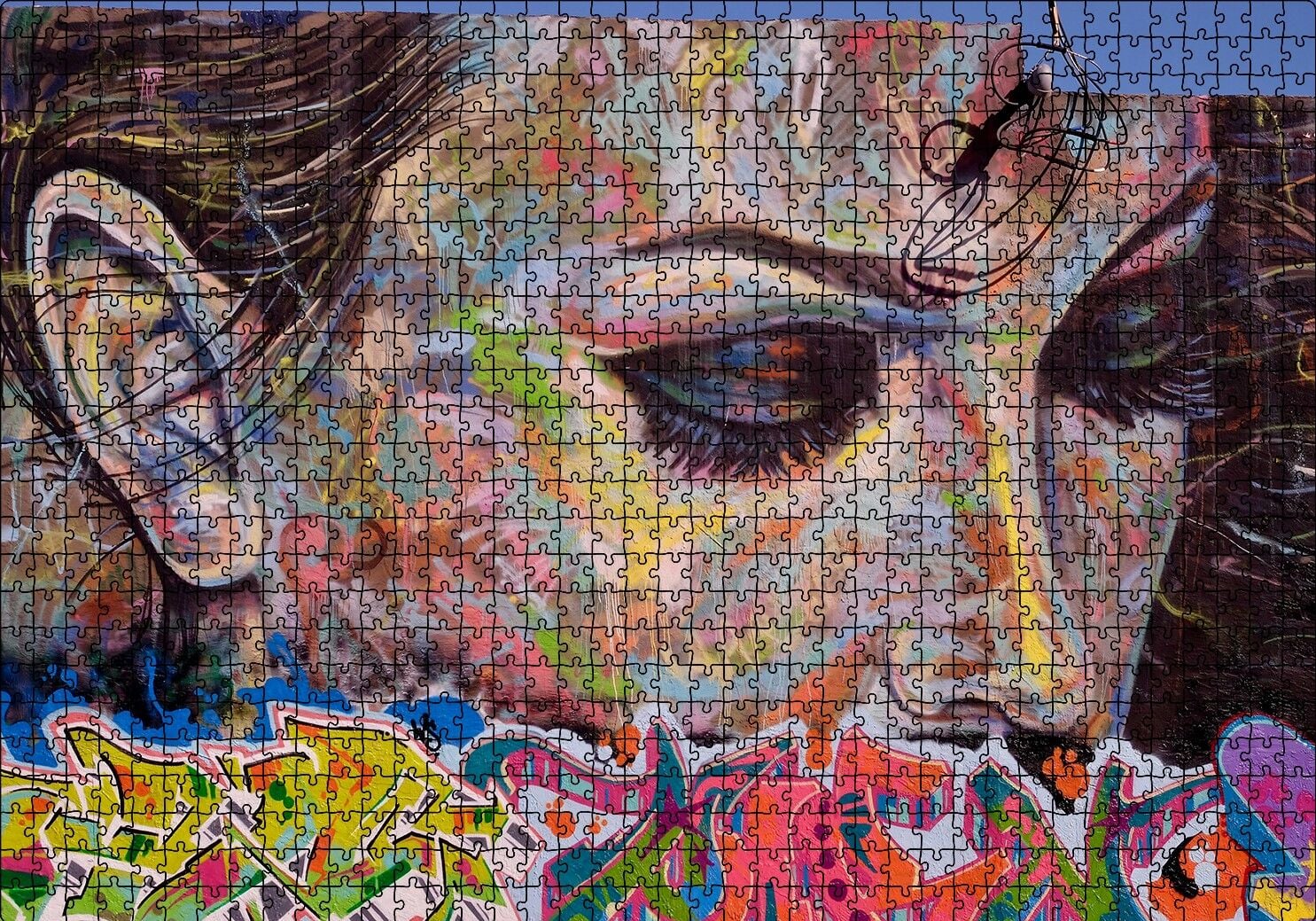 Graffiti ve Duvar Boyama Gözleri Kapalı Kadın Puzzle Yapboz MDF Ahşap 1000 Parça 49 cm X 68 cm