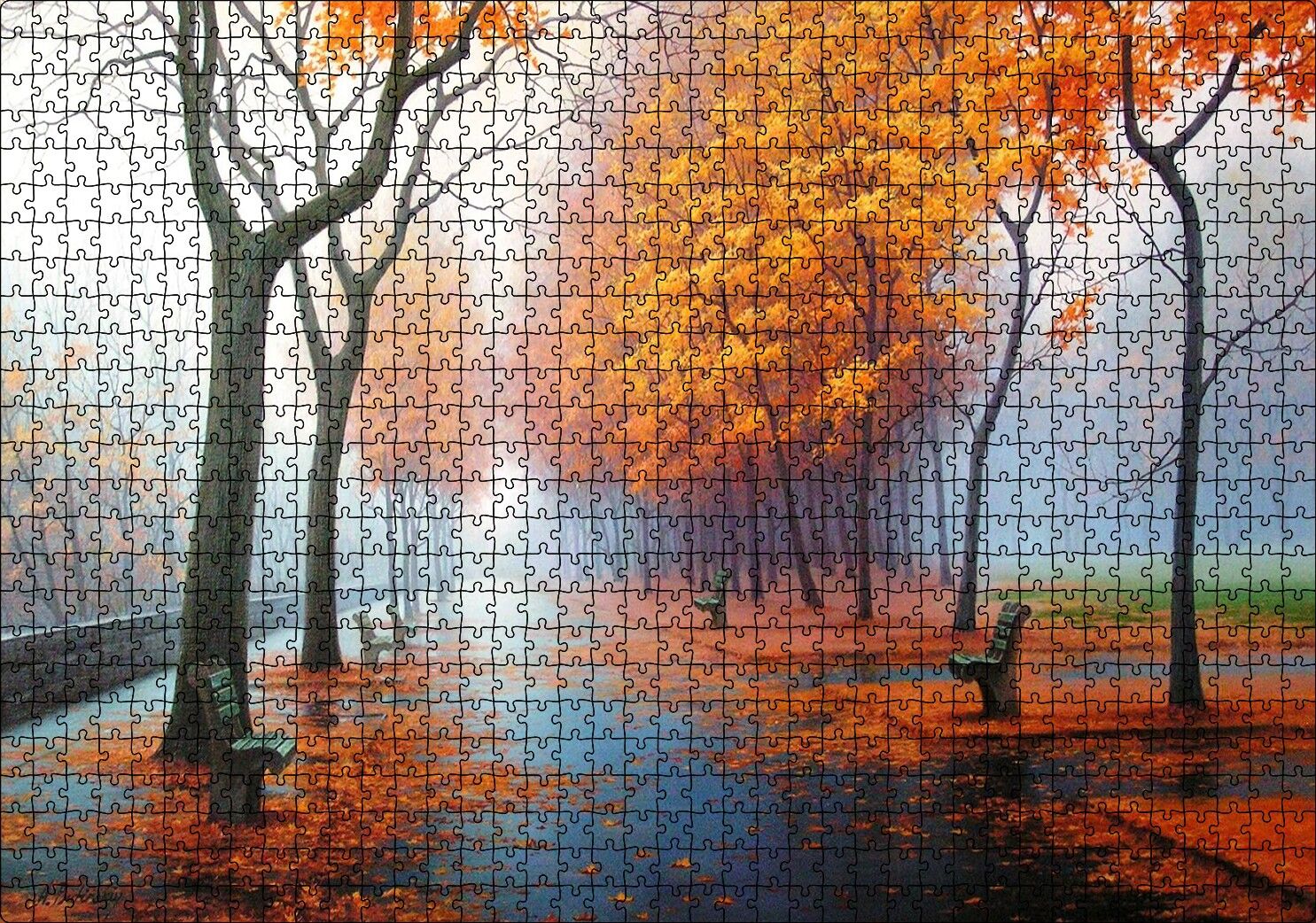 Sonbahar Rengi Ağaçlar Sis ve Boş Banklar Puzzle Yapboz MDF Ahşap 1000 Parça 49 cm X 68 cm