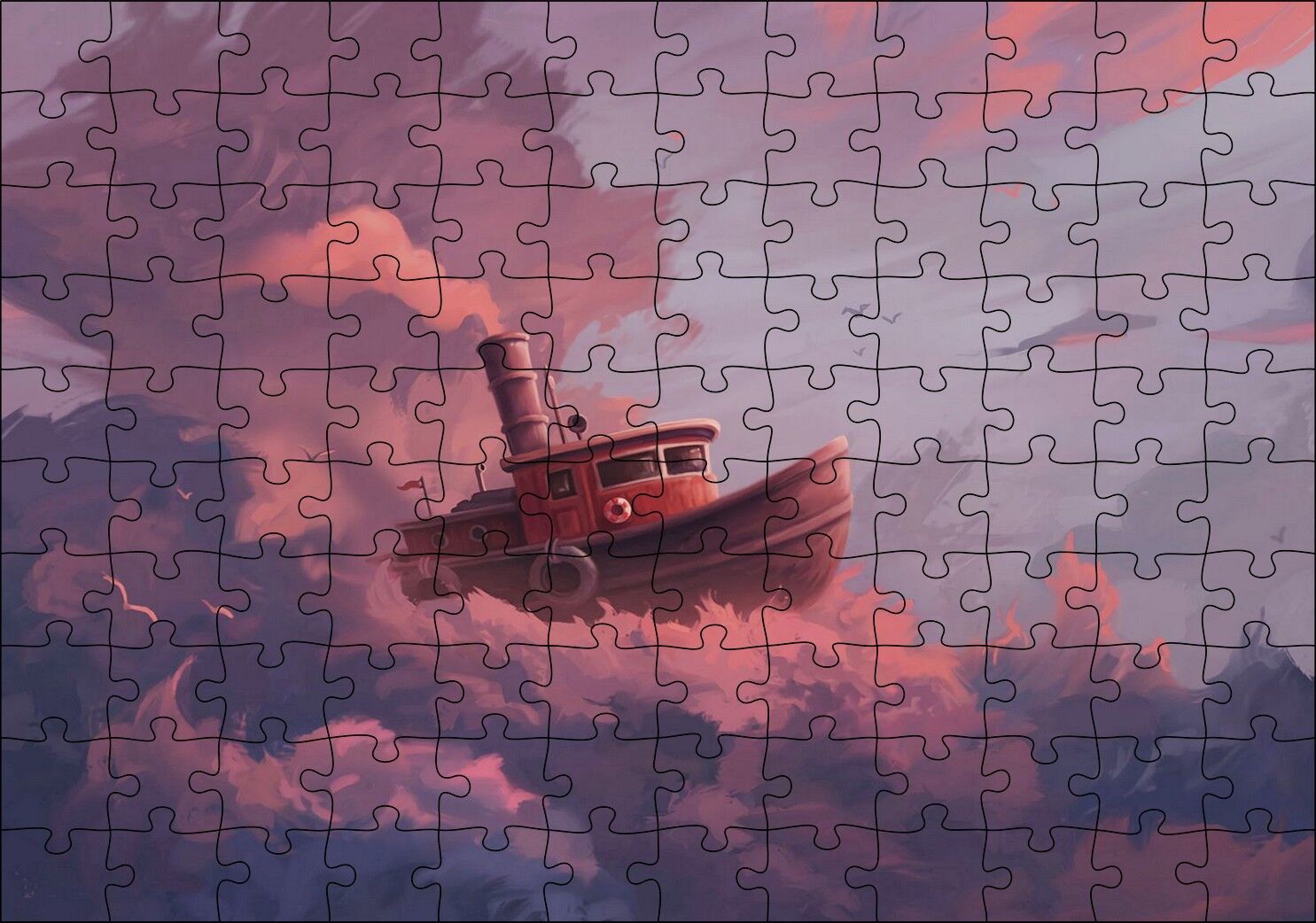 Şirin Balıkçı Teknesi ve Mor Pembe Bulutlar Puzzle Yapboz MDF Ahşap 120 Parça 24 cm X 34 cm