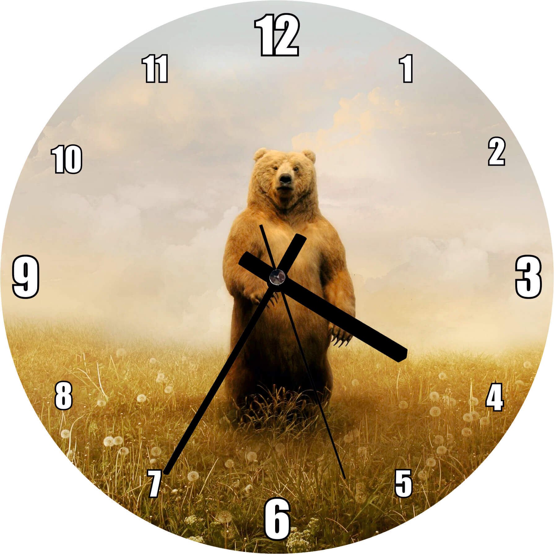 Sisli Çayırda Ayakta Duran Boz Ayı Mdf Ahşap Duvar Saati