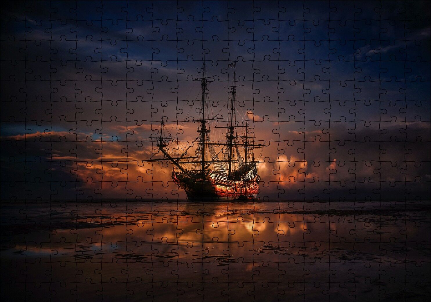 Günbatımında Dev Kalyon ve Kızıl Mor Bulutlar Puzzle Yapboz MDF Ahşap 255 Parça 34 cm X 49 cm