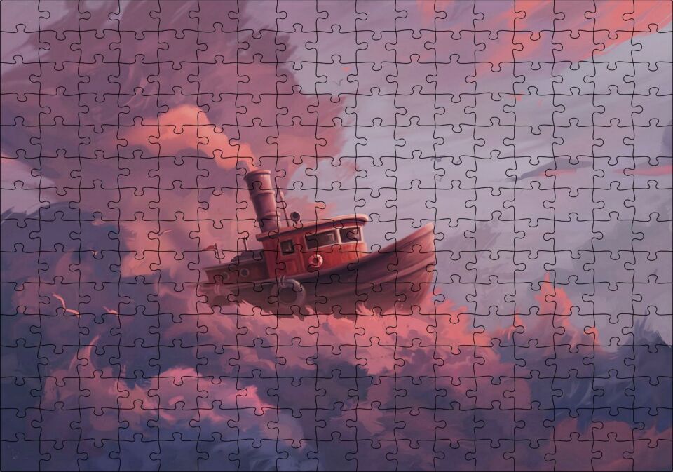 Şirin Balıkçı Teknesi ve Mor Pembe Bulutlar Puzzle Yapboz MDF Ahşap 255 Parça 34 cm X 49 cm