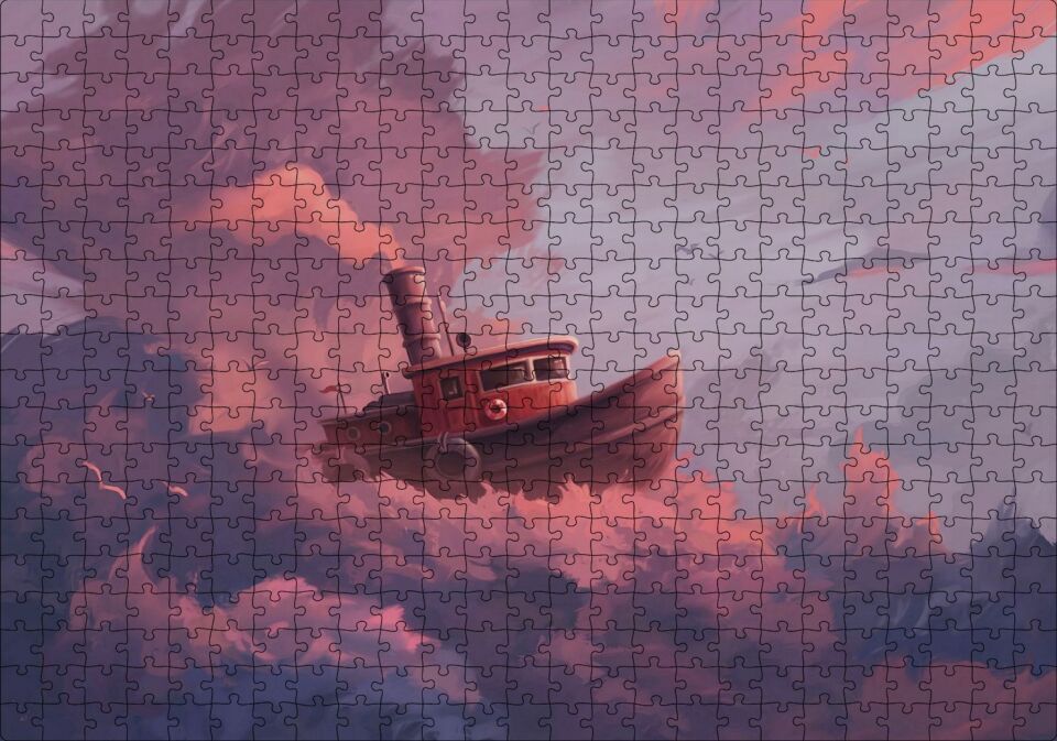 Şirin Balıkçı Teknesi ve Mor Pembe Bulutlar Puzzle Yapboz MDF Ahşap 500 Parça 49 cm X 68 cm