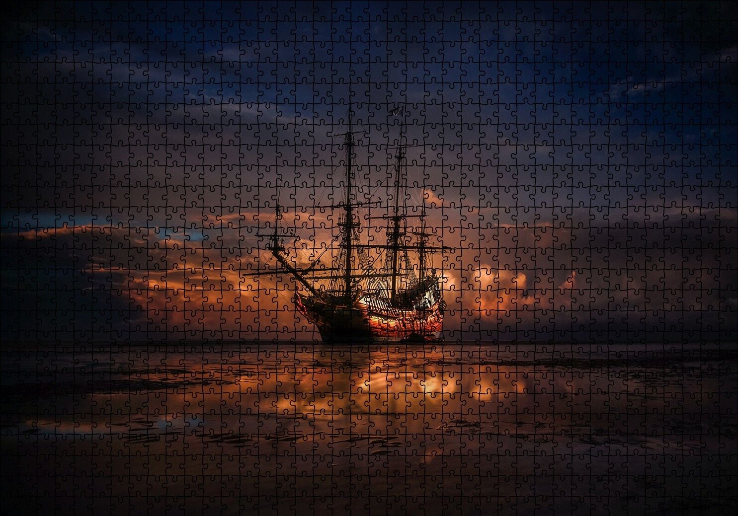 Günbatımında Dev Kalyon ve Kızıl Mor Bulutlar Puzzle Yapboz MDF Ahşap 1000 Parça 49 cm X 68 cm
