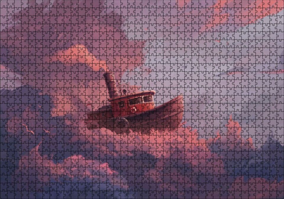 Şirin Balıkçı Teknesi ve Mor Pembe Bulutlar Puzzle Yapboz MDF Ahşap 1000 Parça 49 cm X 68 cm