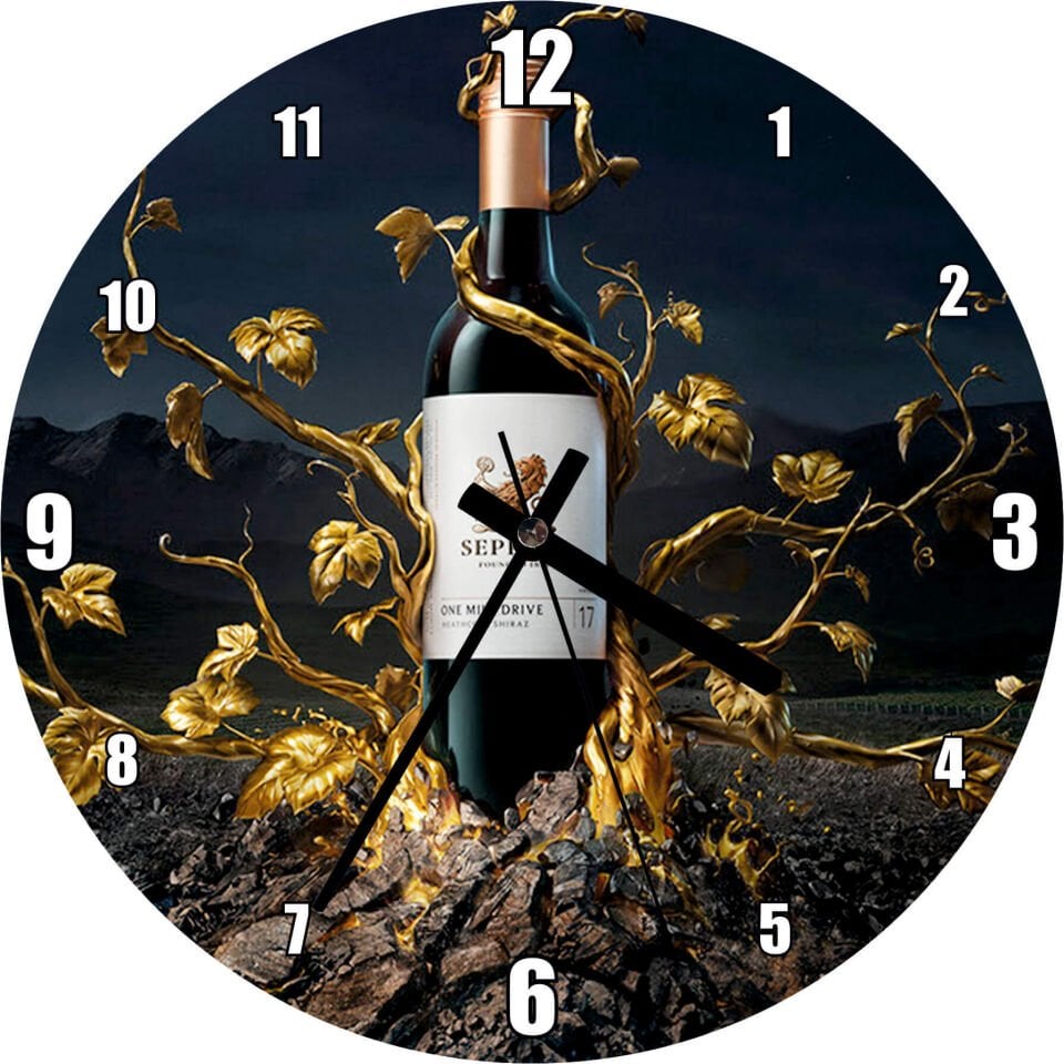 Seppelt Şarap ve Altın Dallarla Yapraklar Mdf Ahşap Duvar Saati