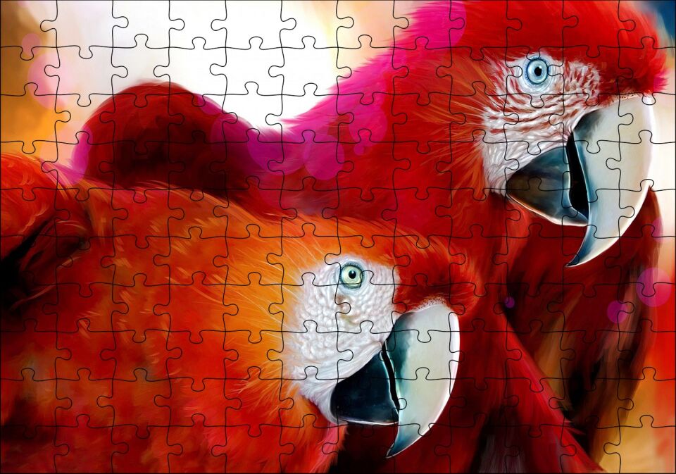 Kırmızı Papağanlar Puzzle Yapboz MDF Ahşap 120 Parça 24 cm X 34 cm