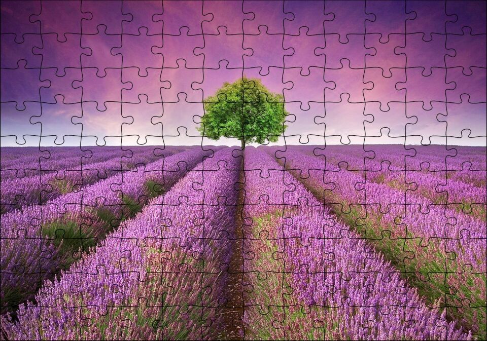 Lavanta Tarlası ve Yeşil Yalnız Ağaç Puzzle Yapboz MDF Ahşap