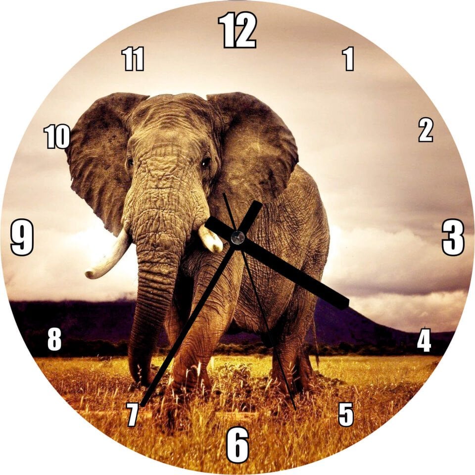 Savana'da Günbatımı ve Erkek Fil Mdf Ahşap Duvar Saati
