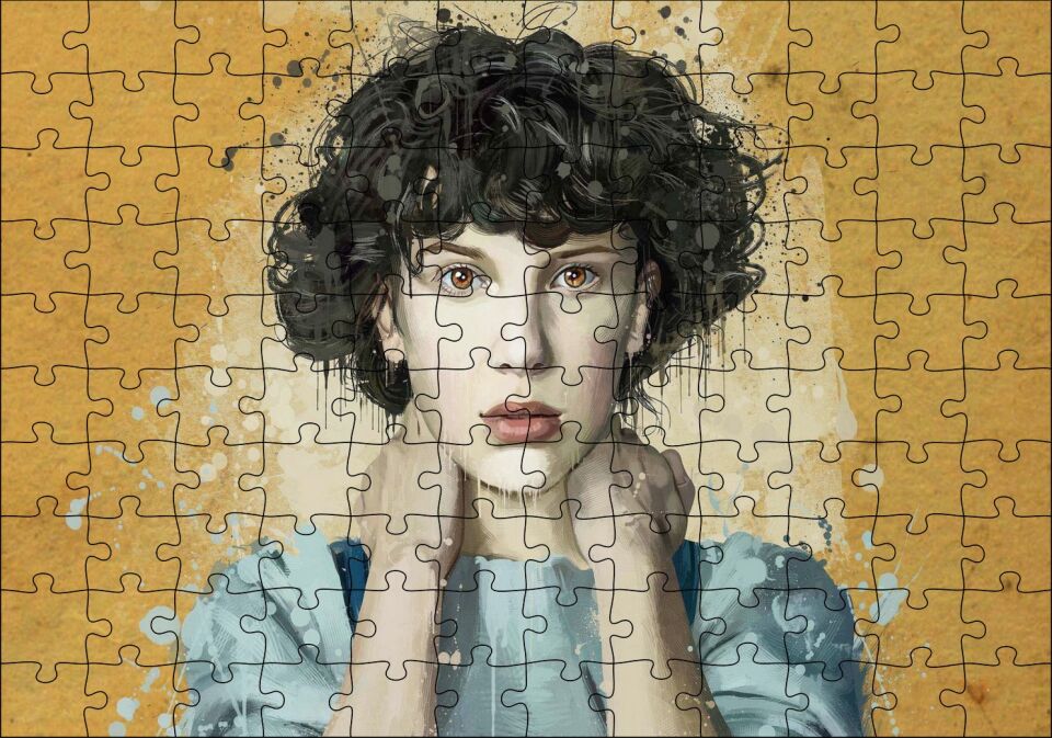 Sarı Zemin Duvar Boyama Kadın Portre Puzzle Yapboz MDF Ahşap
