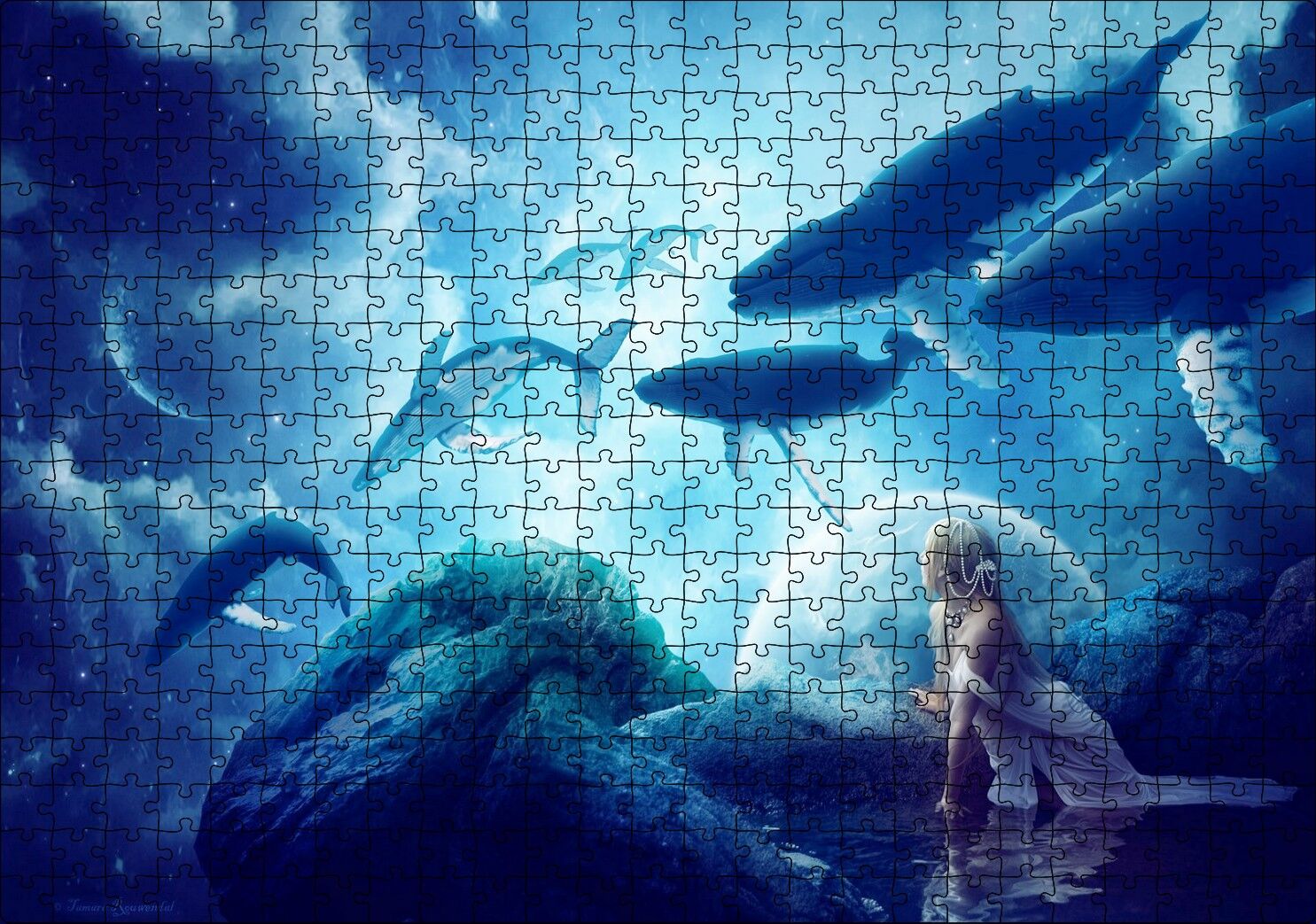 Fantastik Dünyanın Uçan Balinaları ve Genç Kız Puzzle Yapboz MDF Ahşap 500 Parça 49 cm X 68 cm