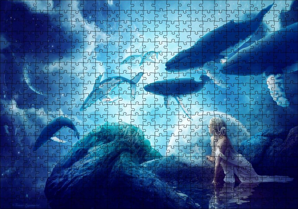 Fantastik Dünyanın Uçan Balinaları ve Genç Kız Puzzle Yapboz MDF Ahşap 500 Parça 49 cm X 68 cm