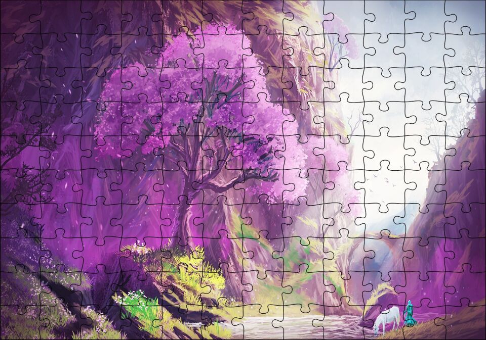 Su Kenarındaki Beyaz Atlı ve Dev Mor Ağaç Puzzle Yapboz MDF Ahşap 120 Parça 24 cm X 34 cm