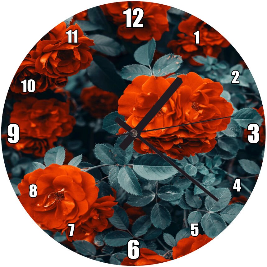 Kırmız Renk Sarmaşık Gül Görseli Mdf Ahşap Duvar Saati 50 cm Çap